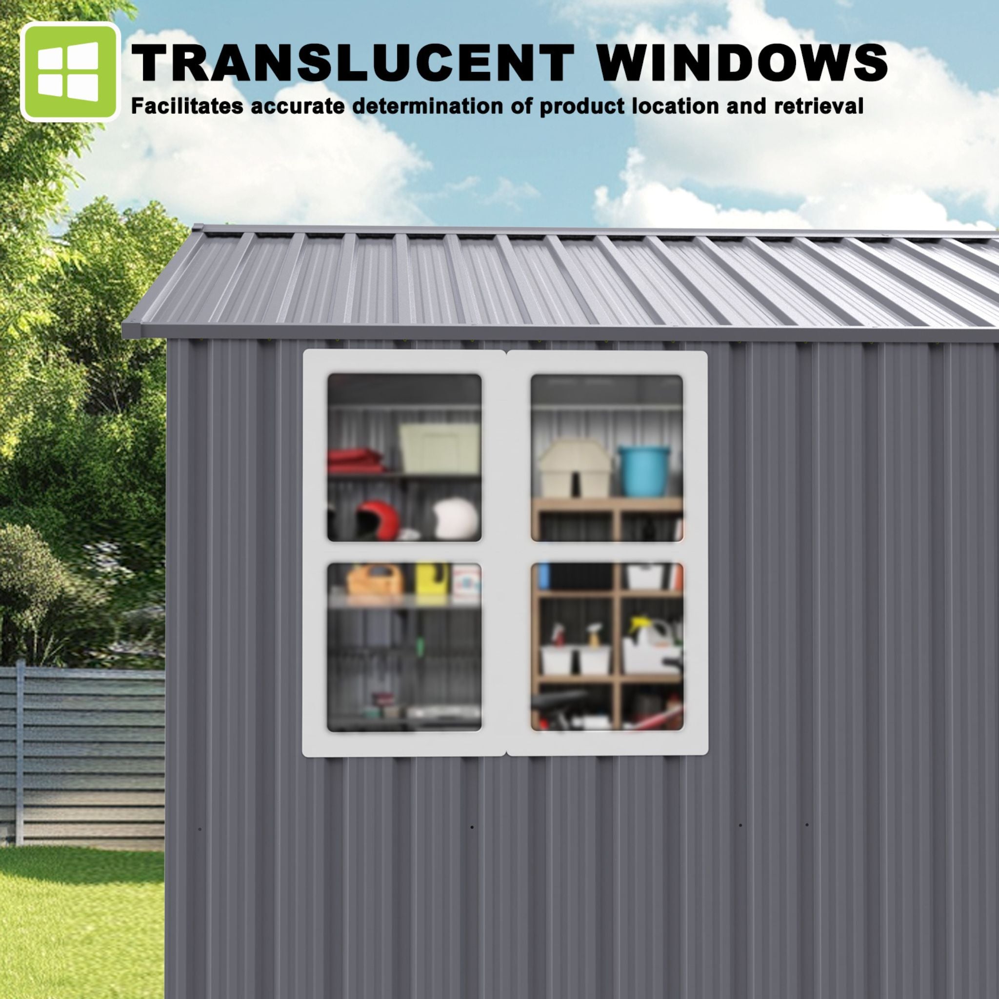 [08X10FT] Alora Outdoor Garden Tool Shed With Thickened Galvanized Steel, Sloped Roof, Vents And Double Lockable Doors (SAK66582)
