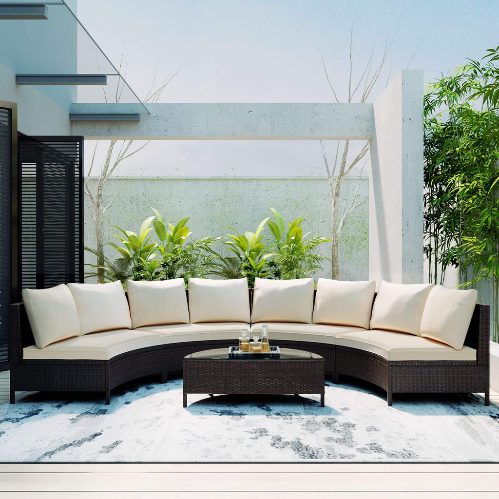 Alora Premium 5-Piece All-Weather Half-Moon Outdoor Rattan Wicker Patio Sectional Sofa Furniture Set With Tempered Glass Table (SAK32615)