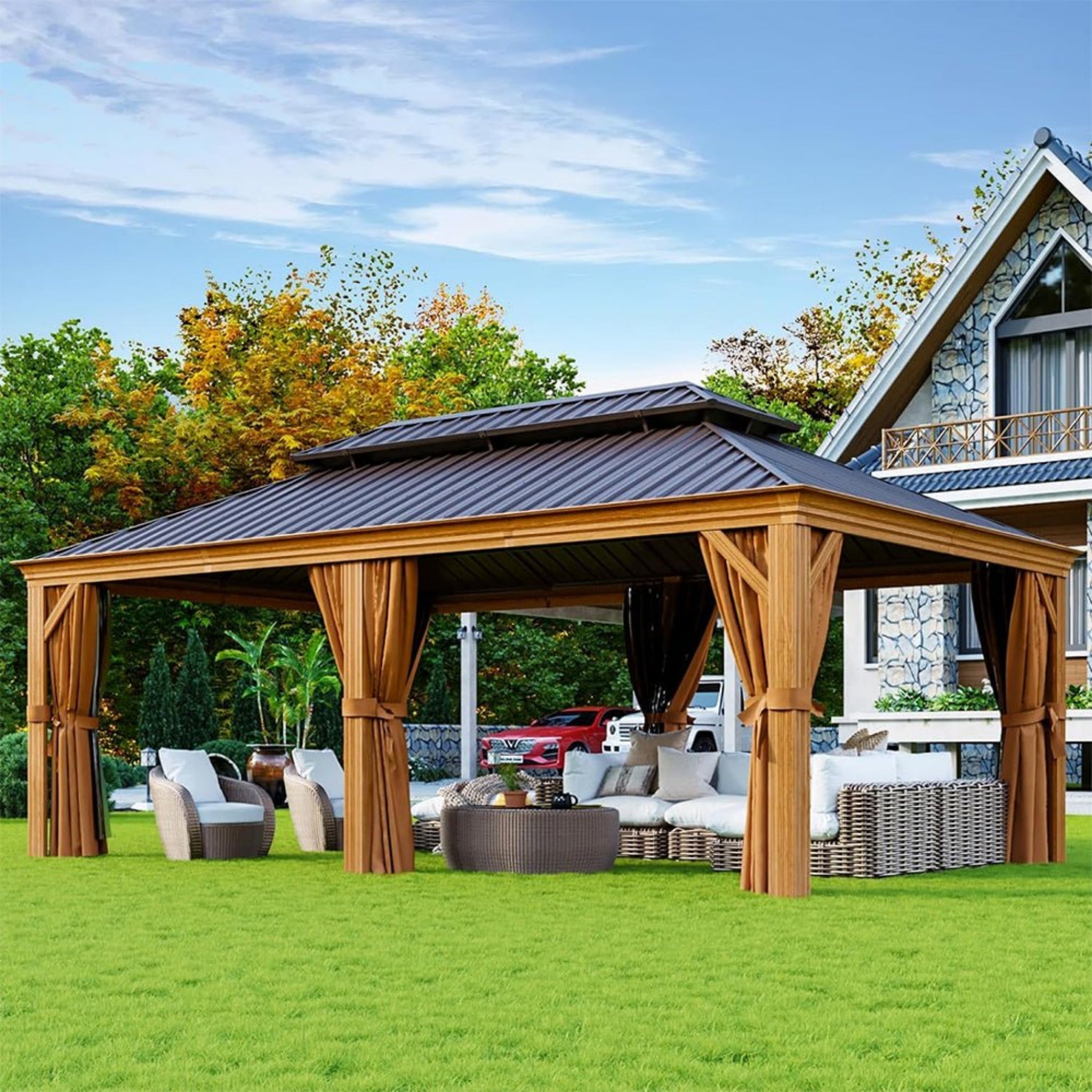 [12X20FT] Alora Premium Large Aluminum Hardtop Gazebo W/ Netting, Privacy Curtains And Wood Grain Finish (SAK58374)