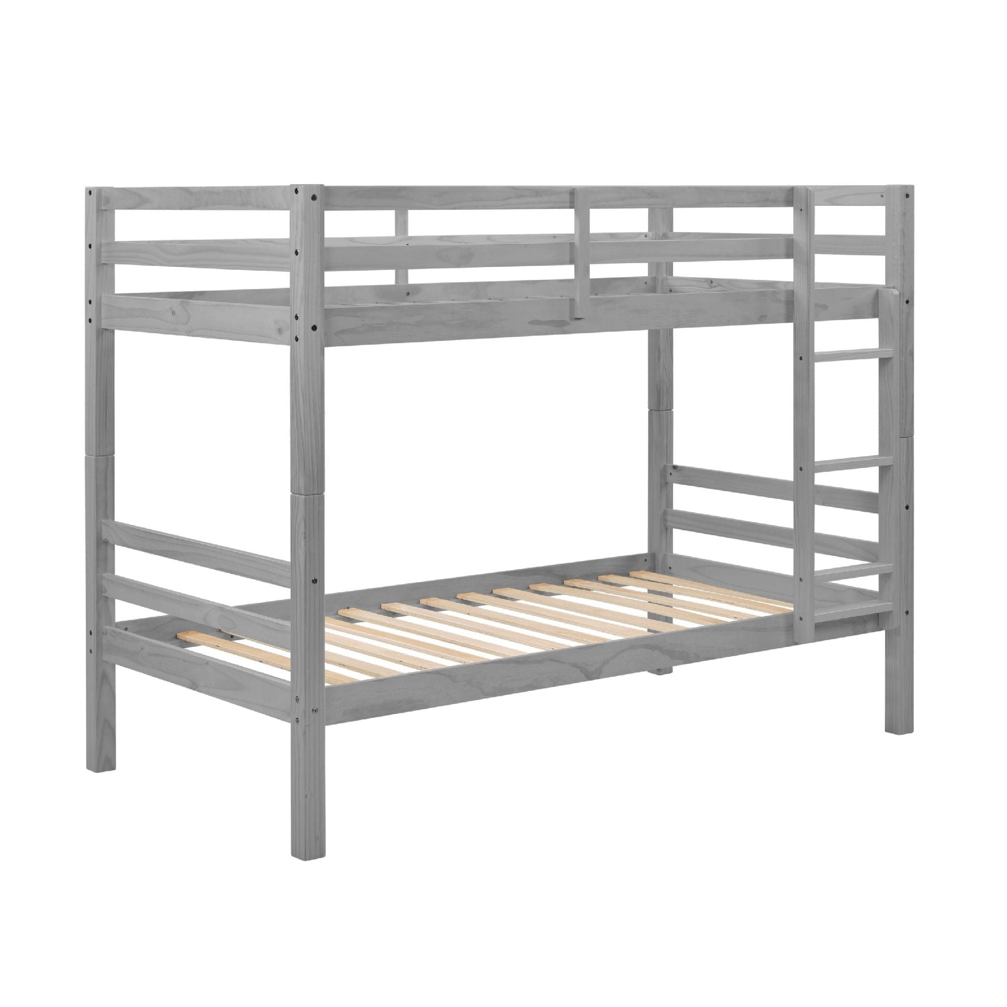 Kids Shared Room Twin Over Twin Wood Bunk Bed with High Guardrail Ladder Grey Finish | Just Better Bunk Beds