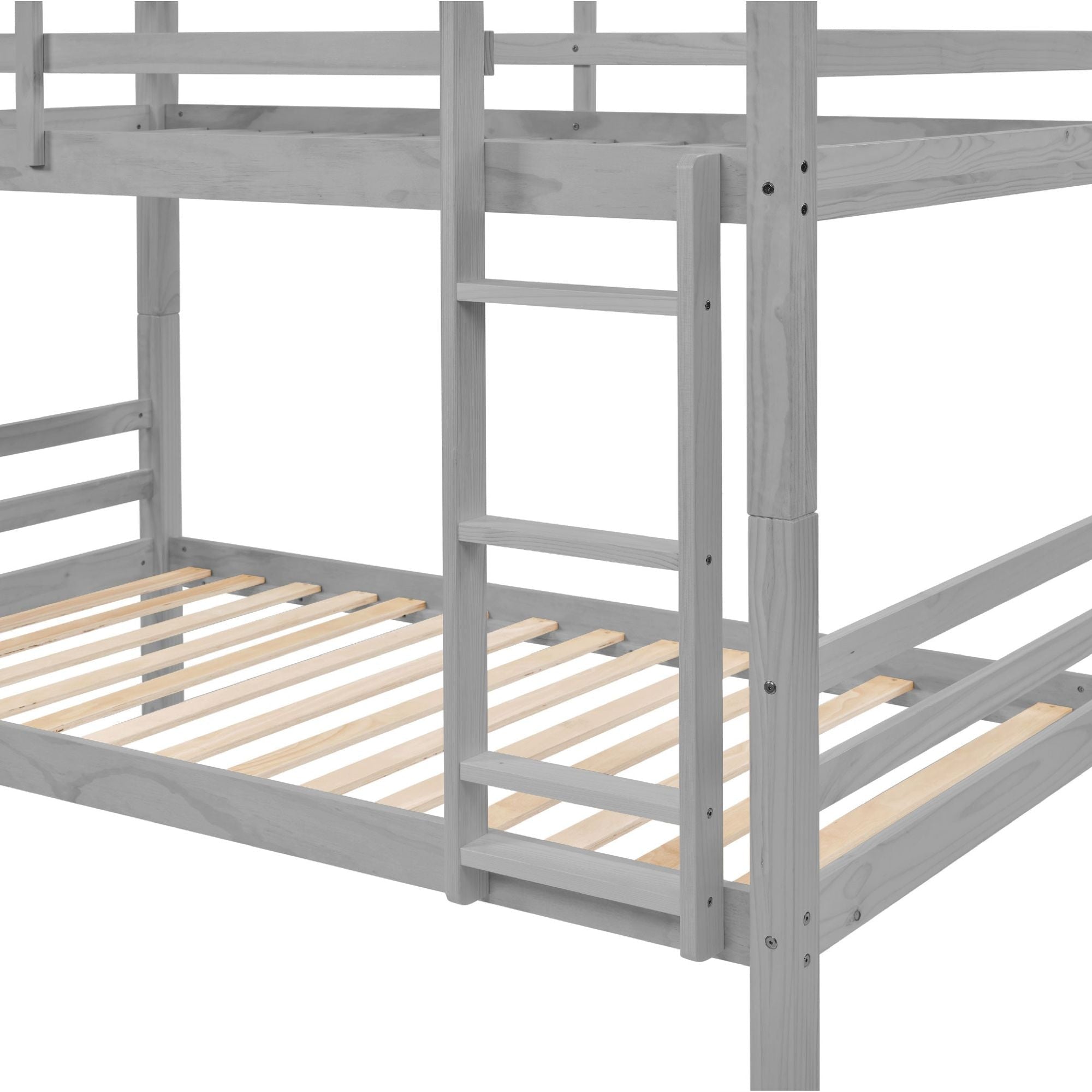 Kids Shared Room Twin Over Twin Wood Bunk Bed with High Guardrail Ladder Grey Finish | Just Better Bunk Beds