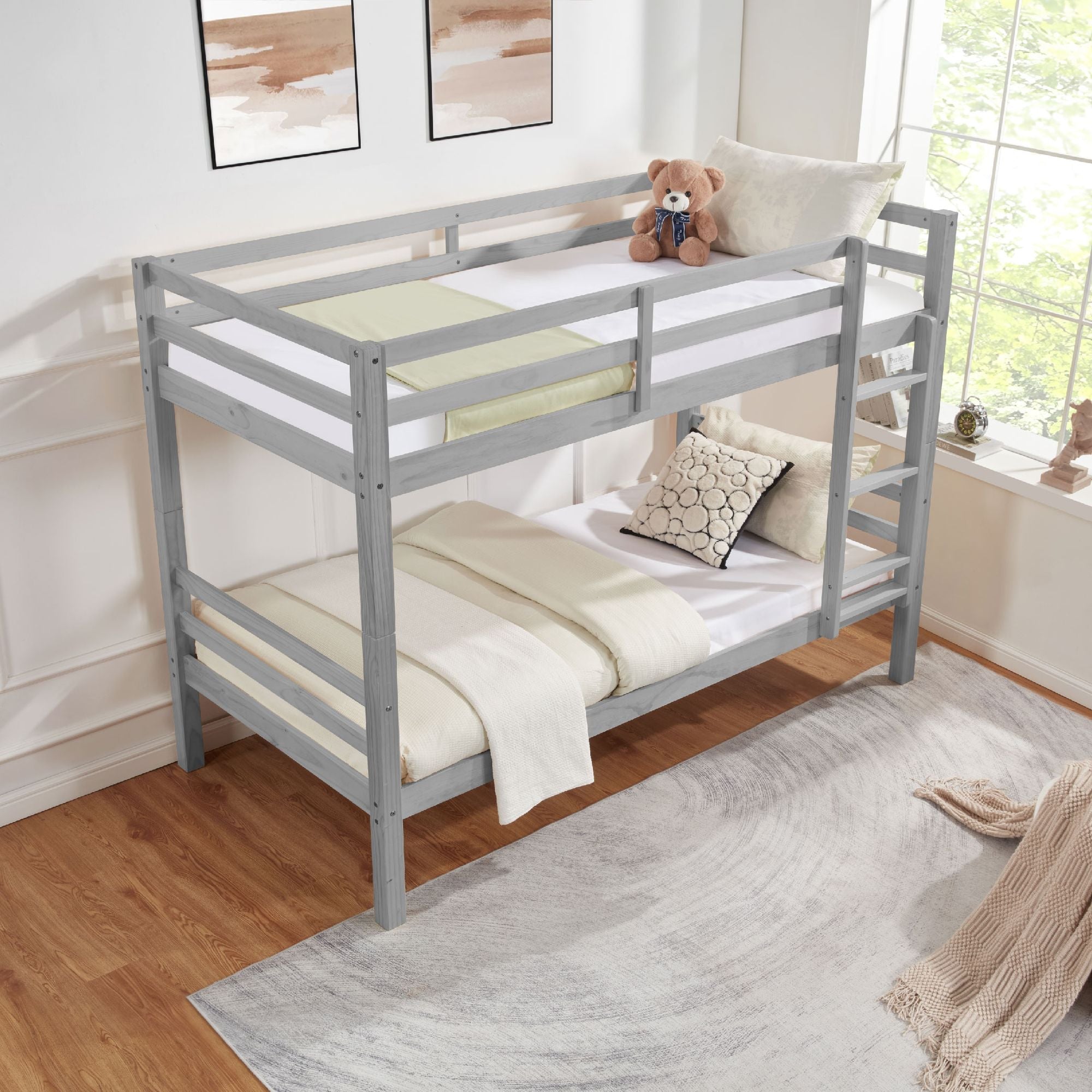 Kids Shared Room Twin Over Twin Wood Bunk Bed with High Guardrail Ladder Grey Finish | Just Better Bunk Beds