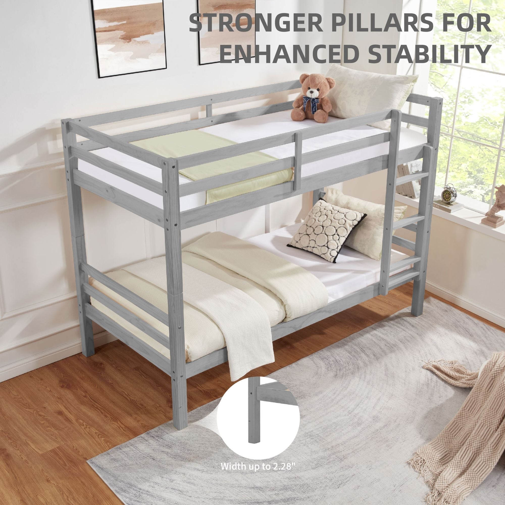 Kids Shared Room Twin Over Twin Wood Bunk Bed with High Guardrail Ladder Grey Finish | Just Better Bunk Beds
