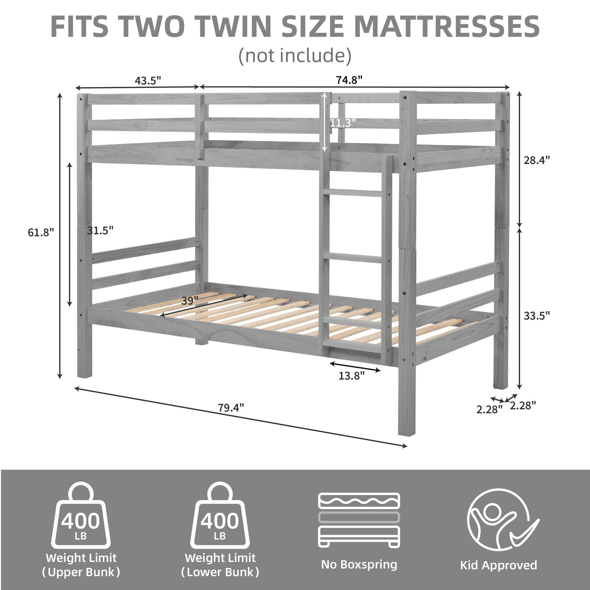 Kids Shared Room Twin Over Twin Wood Bunk Bed with High Guardrail Ladder Grey Finish | Just Better Bunk Beds