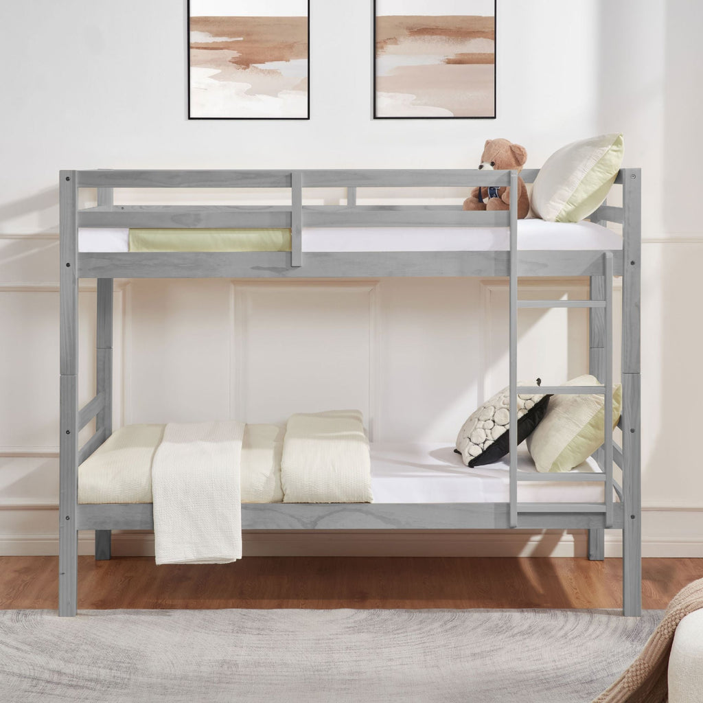 Kids Shared Room Twin Over Twin Wood Bunk Bed with High Guardrail Ladder Grey Finish | Just Better Bunk Beds