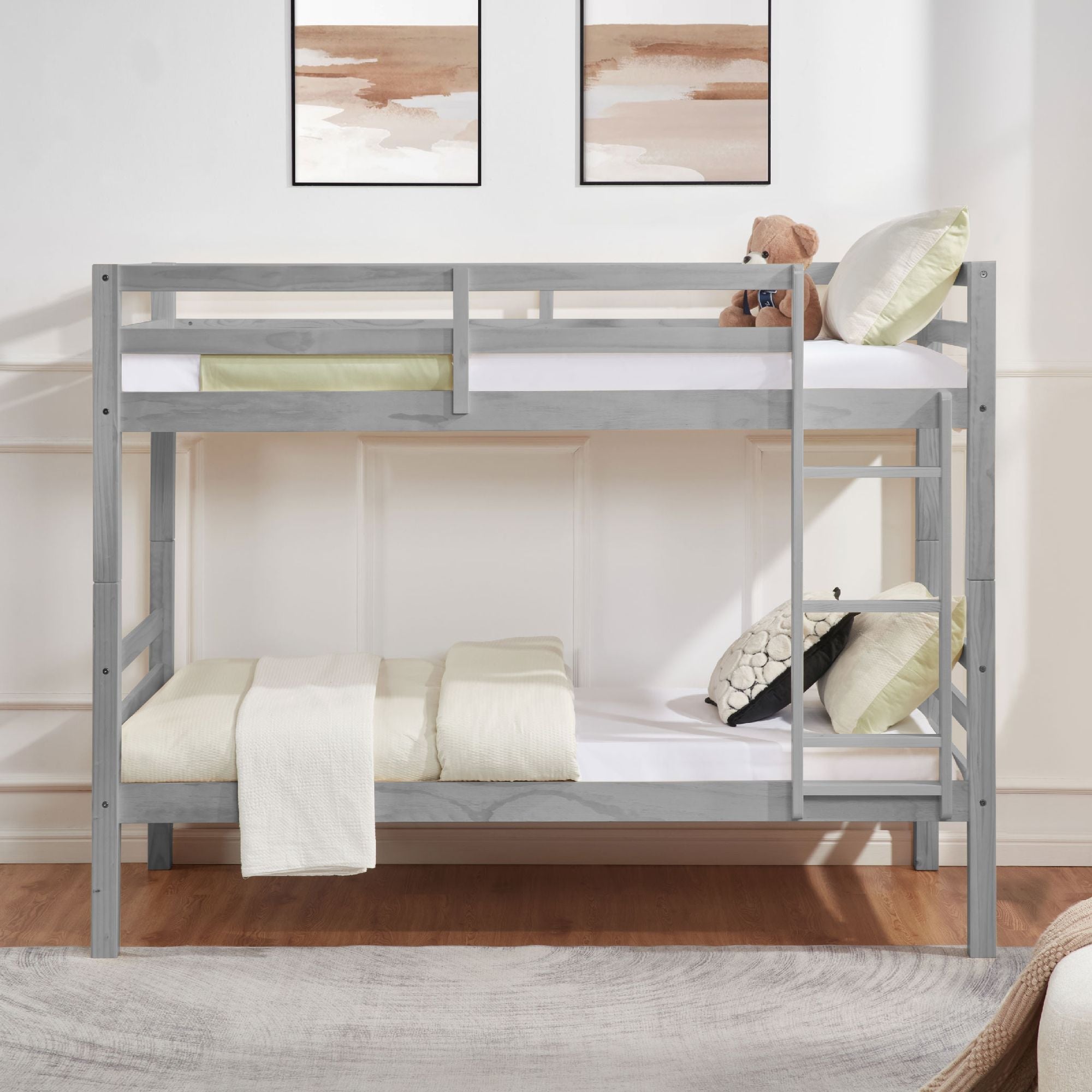 Kids Shared Room Twin Over Twin Wood Bunk Bed with High Guardrail Ladder Grey Finish | Just Better Bunk Beds