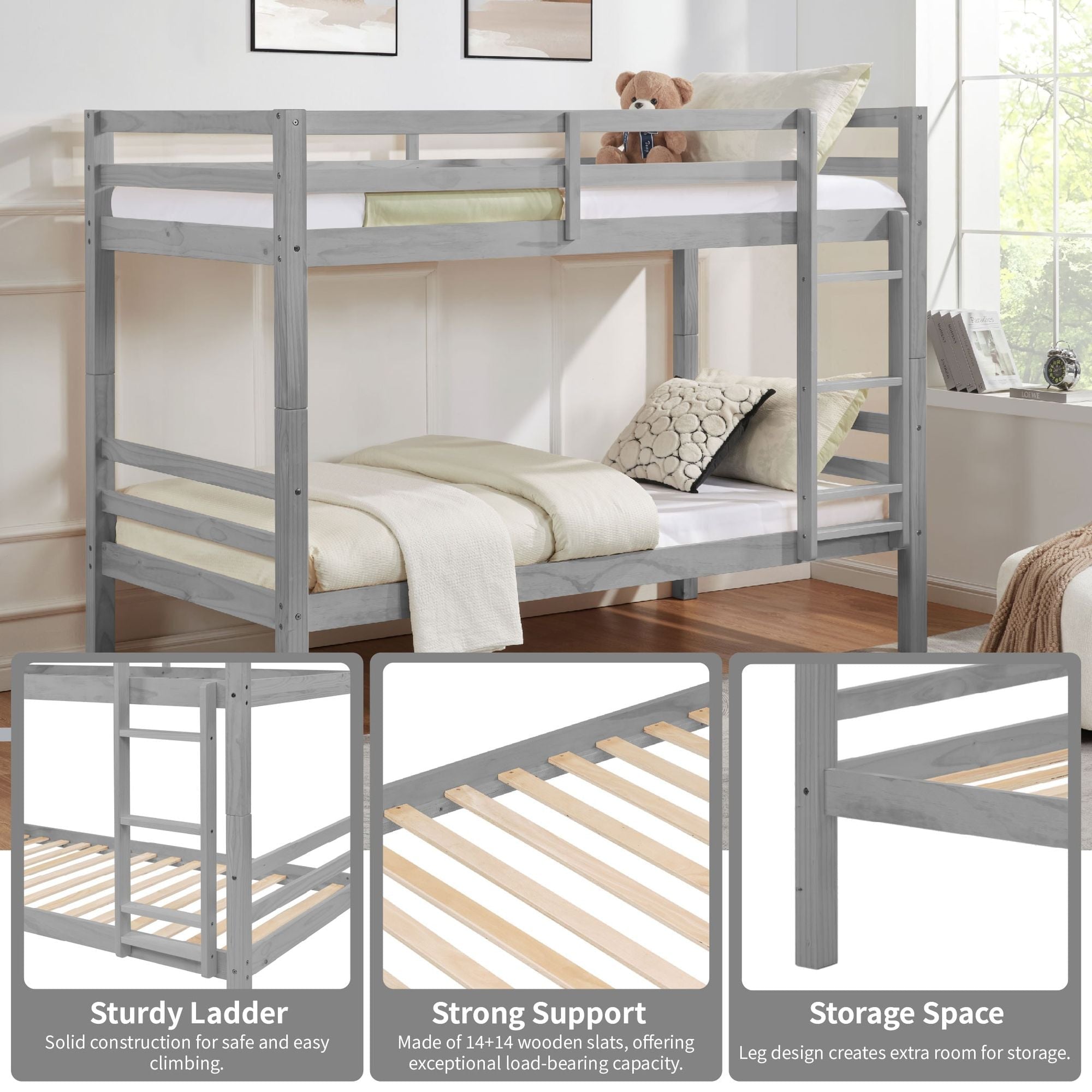 Kids Shared Room Twin Over Twin Wood Bunk Bed with High Guardrail Ladder Grey Finish | Just Better Bunk Beds