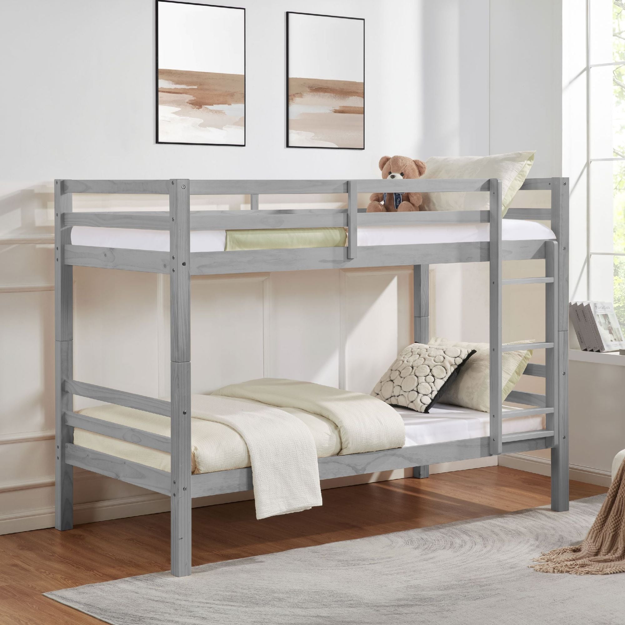 Kids Shared Room Twin Over Twin Wood Bunk Bed with High Guardrail Ladder Grey Finish | Just Better Bunk Beds