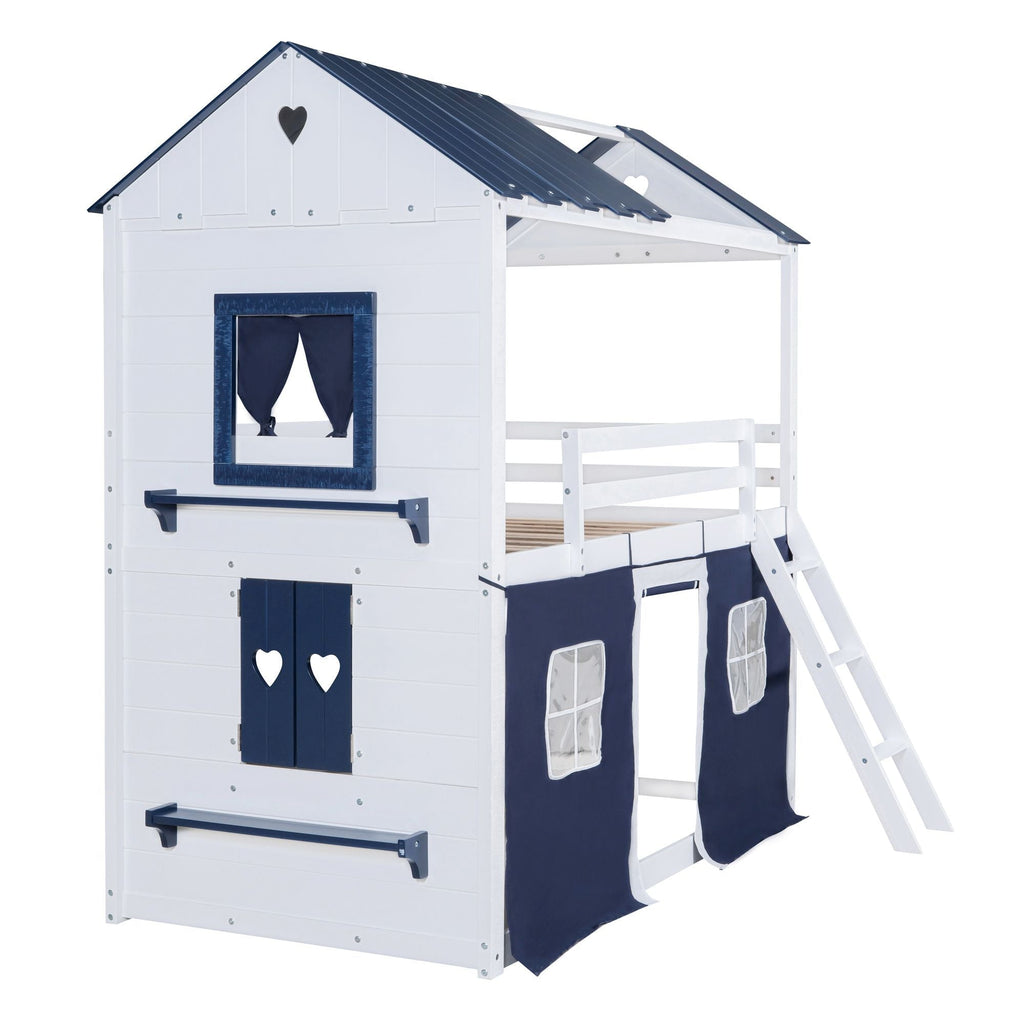 Kids Shared Room Twin Over Twin Wood Bunk Bed with House Design, Windows, Tent, Blue and White | Just Better Bunk Beds