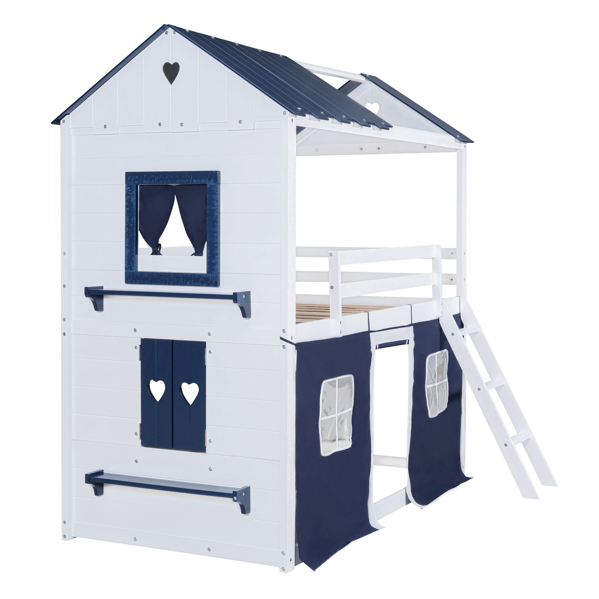 Kids Shared Room Twin Over Twin Wood Bunk Bed with House Design, Windows, Tent, Blue and White | Just Better Bunk Beds