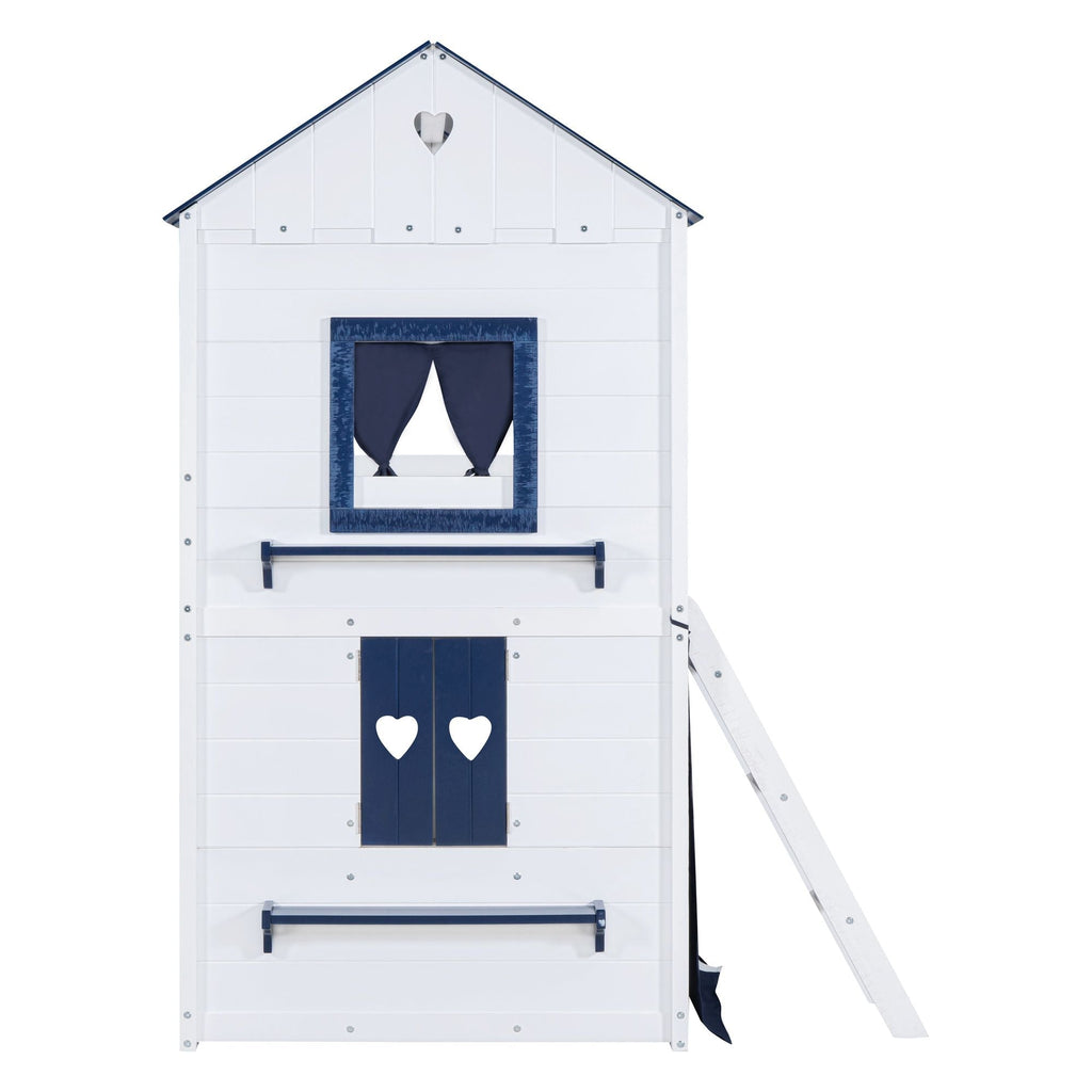 Kids Shared Room Twin Over Twin Wood Bunk Bed with House Design, Windows, Tent, Blue and White | Just Better Bunk Beds
