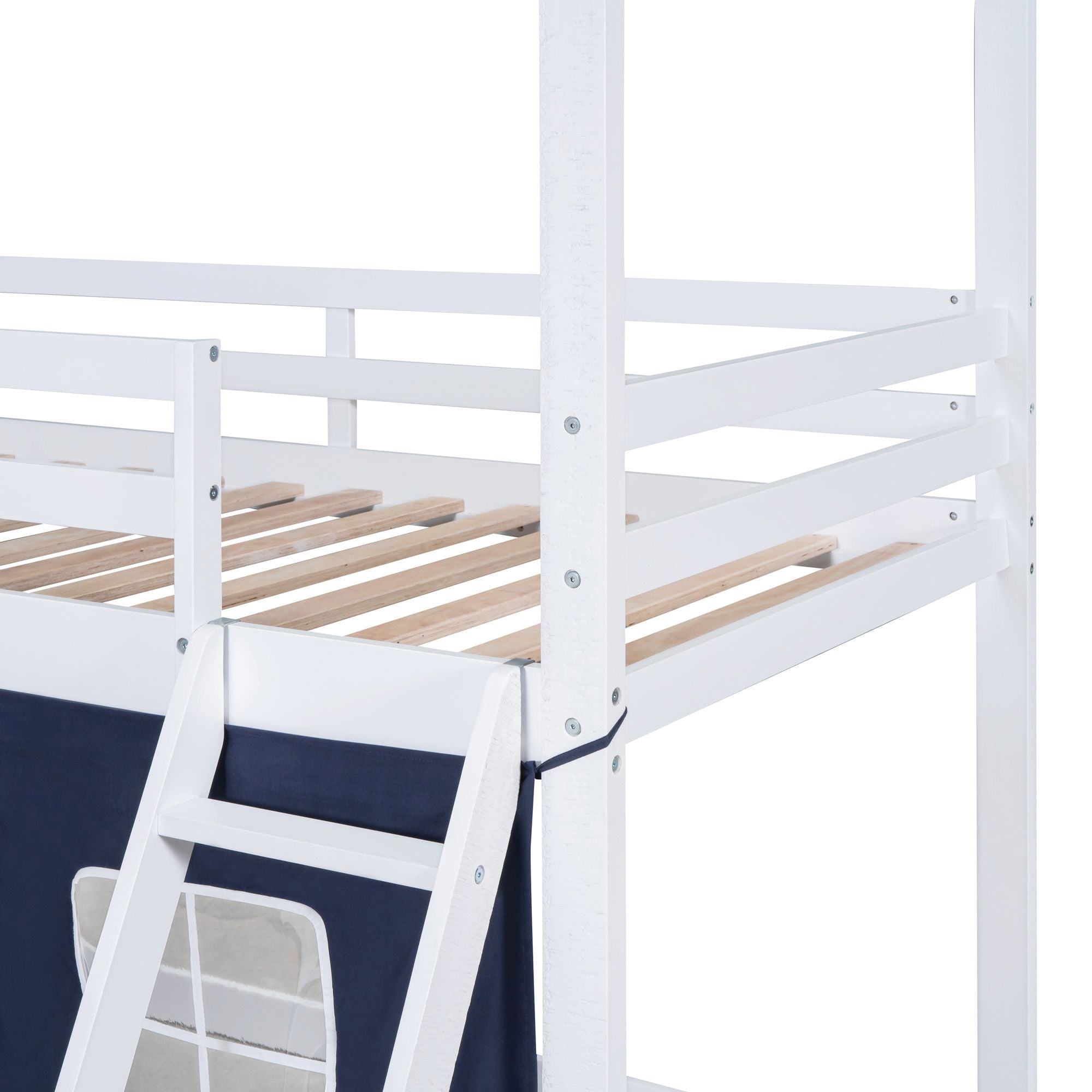 Kids Shared Room Twin Over Twin Wood Bunk Bed with House Design, Windows, Tent, Blue and White | Just Better Bunk Beds