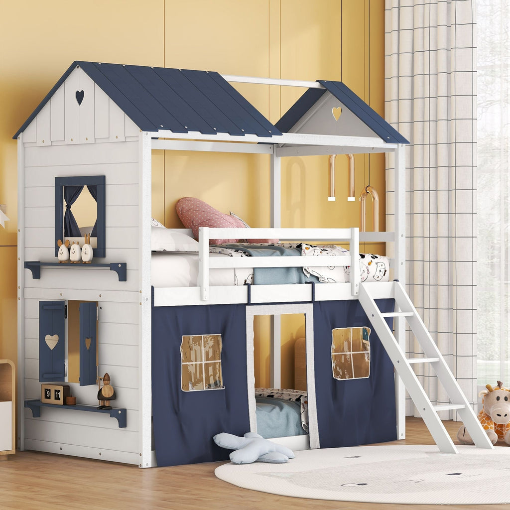 Kids Shared Room Twin Over Twin Wood Bunk Bed with House Design, Windows, Tent, Blue and White | Just Better Bunk Beds