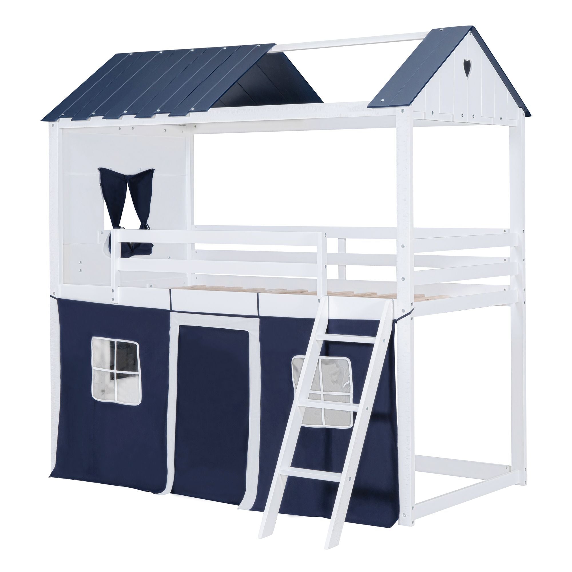 Kids Shared Room Twin Over Twin Wood Bunk Bed with House Design, Windows, Tent, Blue and White | Just Better Bunk Beds