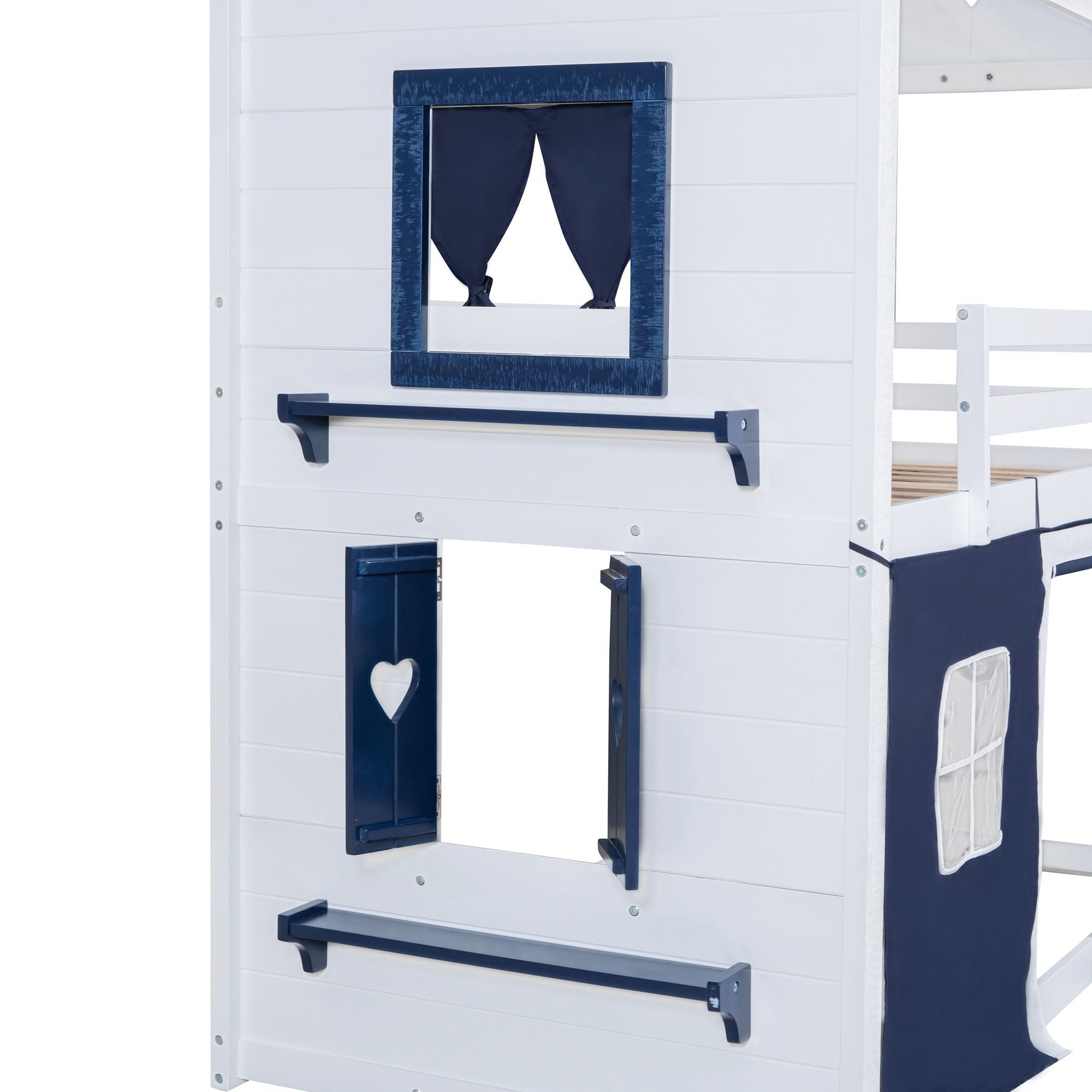 Kids Shared Room Twin Over Twin Wood Bunk Bed with House Design, Windows, Tent, Blue and White | Just Better Bunk Beds