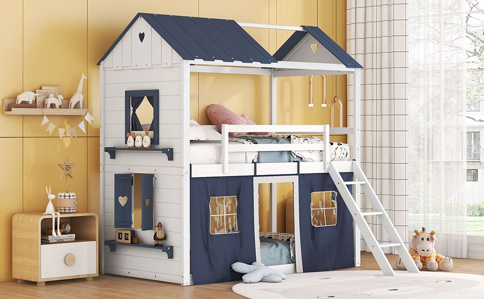 Kids Shared Room Twin Over Twin Wood Bunk Bed with House Design, Windows, Tent, Blue and White | Just Better Bunk Beds
