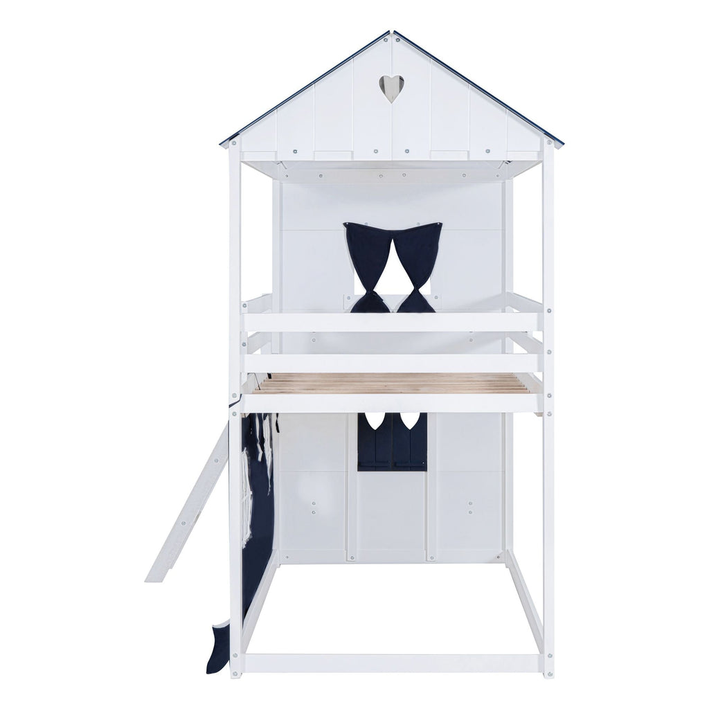 Kids Shared Room Twin Over Twin Wood Bunk Bed with House Design, Windows, Tent, Blue and White | Just Better Bunk Beds