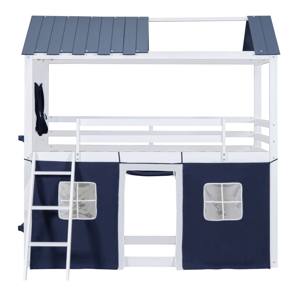 Kids Shared Room Twin Over Twin Wood Bunk Bed with House Design, Windows, Tent, Blue and White | Just Better Bunk Beds