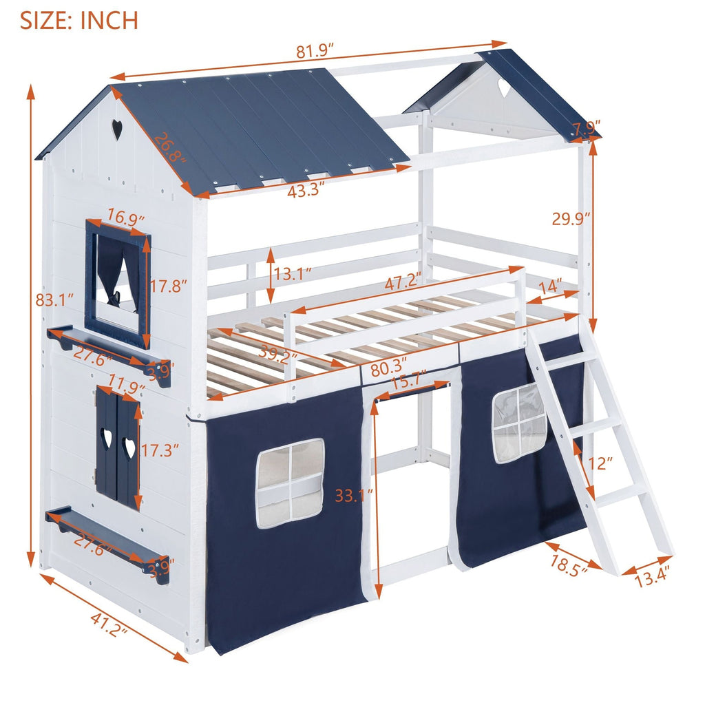 Kids Shared Room Twin Over Twin Wood Bunk Bed with House Design, Windows, Tent, Blue and White | Just Better Bunk Beds