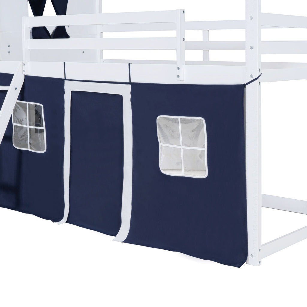Kids Shared Room Twin Over Twin Wood Bunk Bed with House Design, Windows, Tent, Blue and White | Just Better Bunk Beds