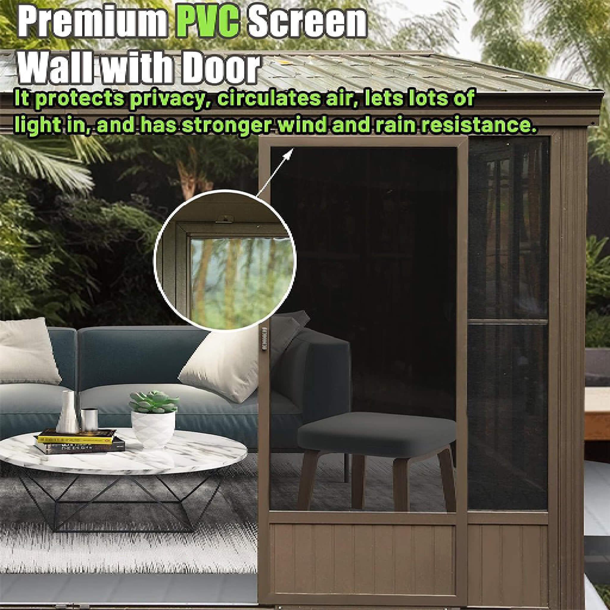 [12X14FT] Alora Haven Large Outdoor All-Season Wall-Mounted Sunroom With Galvanized Steel Roof & Moveable PVC Screen (SAK46475)