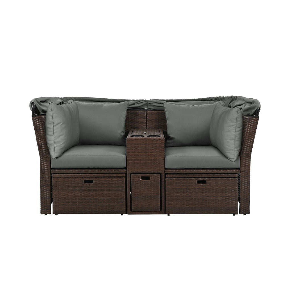 Alora Premium Outdoor 2-Seater Patio Daybed With Foldable Awning, Cushions, And Rattan Frame (SAK90233)