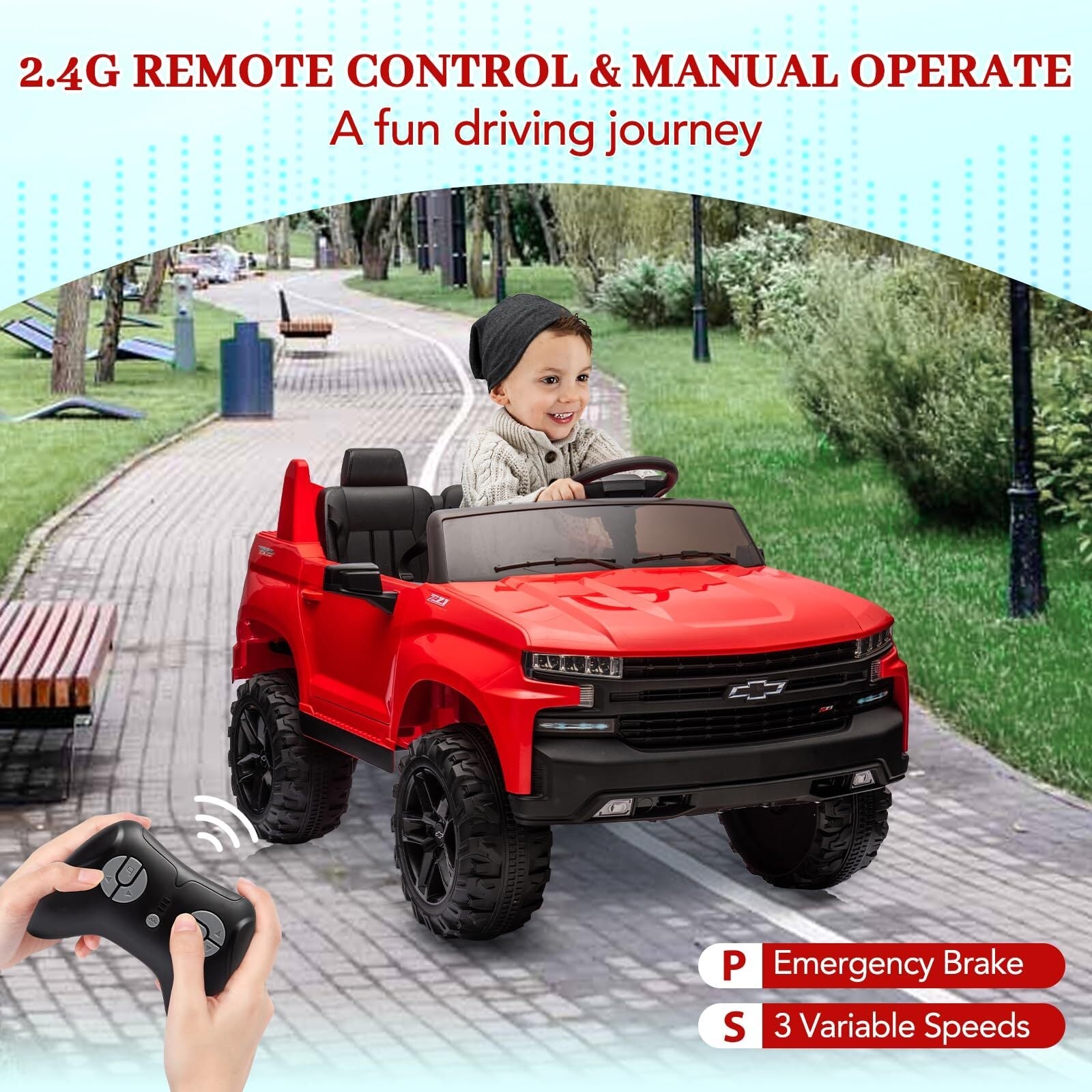 24V 2-Seater Ride-On Truck with 3 Speeds, Music, and LED Lights - Licensed Chevrolet Silverado