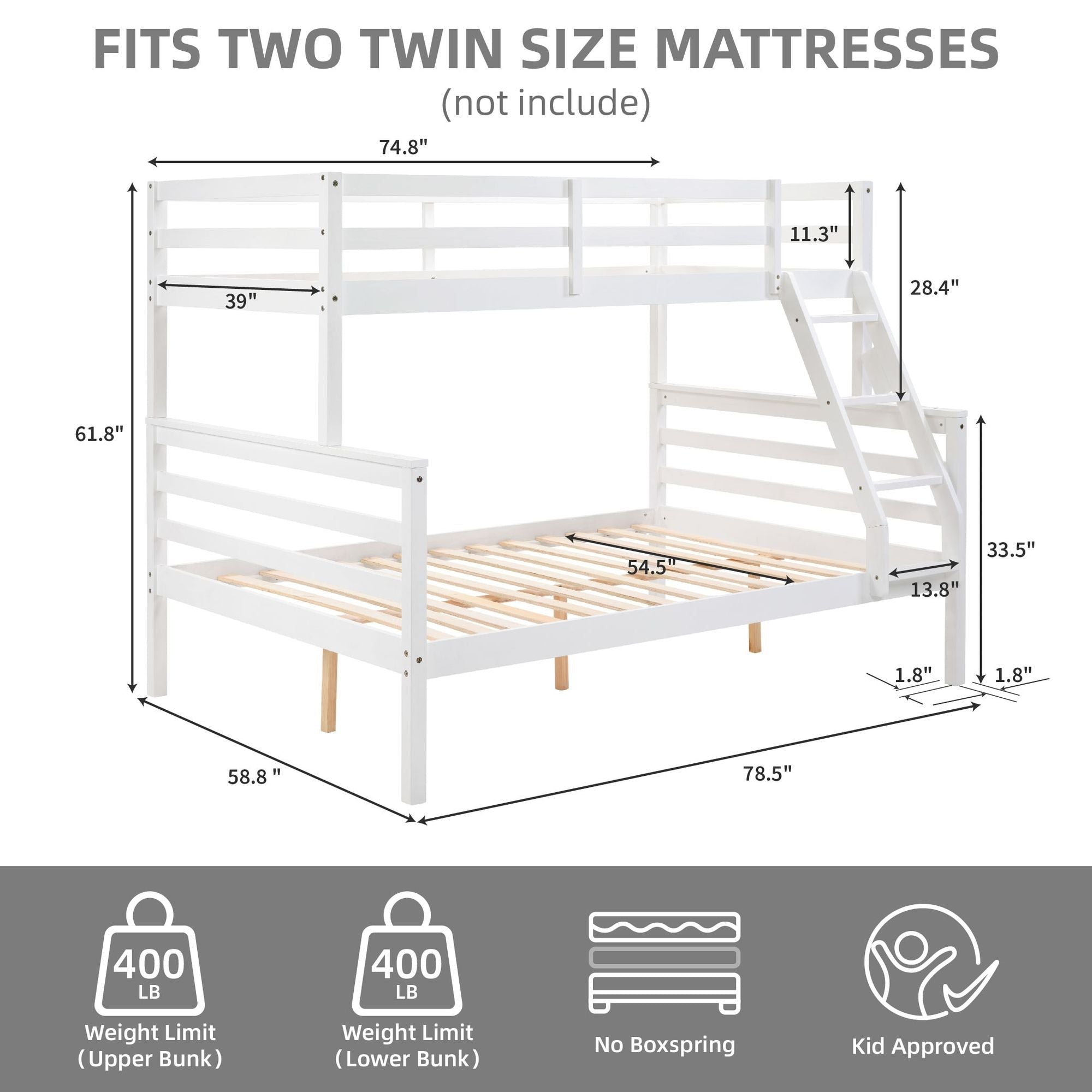 Shared Kids Room Twin Over Full Wood Bunk Bed with High Guardrail and Ladder, White | Just Better Bunk Beds