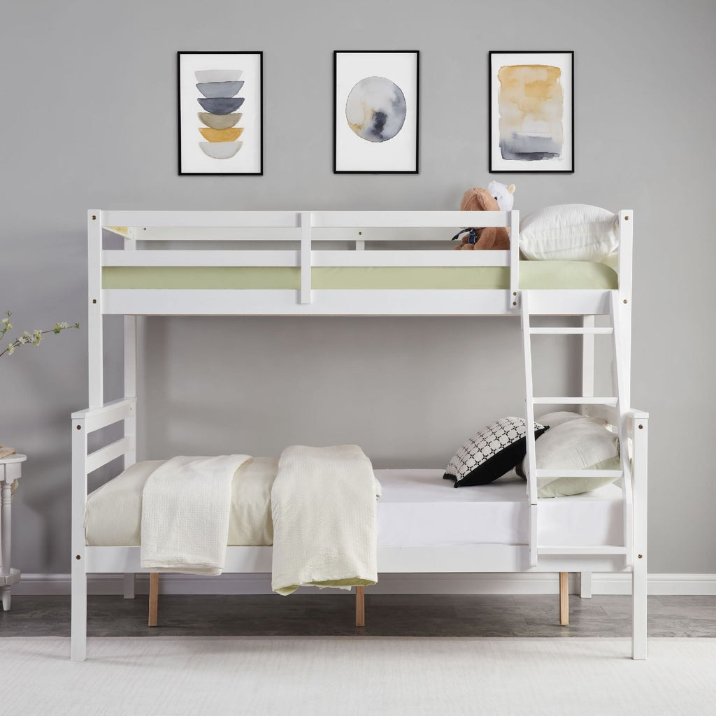 Shared Kids Room Twin Over Full Wood Bunk Bed with High Guardrail and Ladder, White | Just Better Bunk Beds