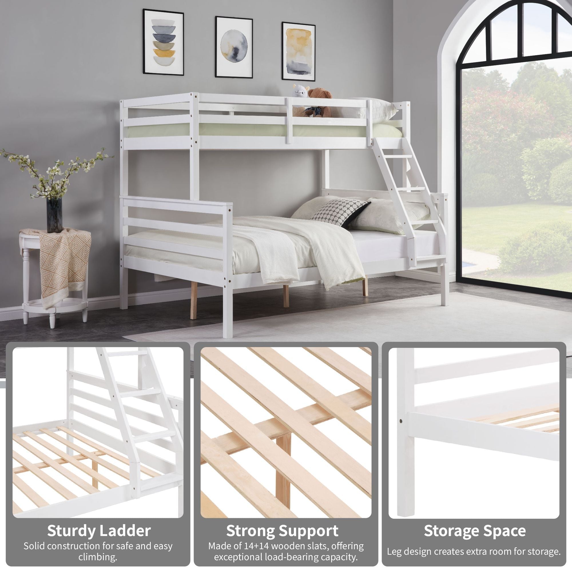 Shared Kids Room Twin Over Full Wood Bunk Bed with High Guardrail and Ladder, White | Just Better Bunk Beds