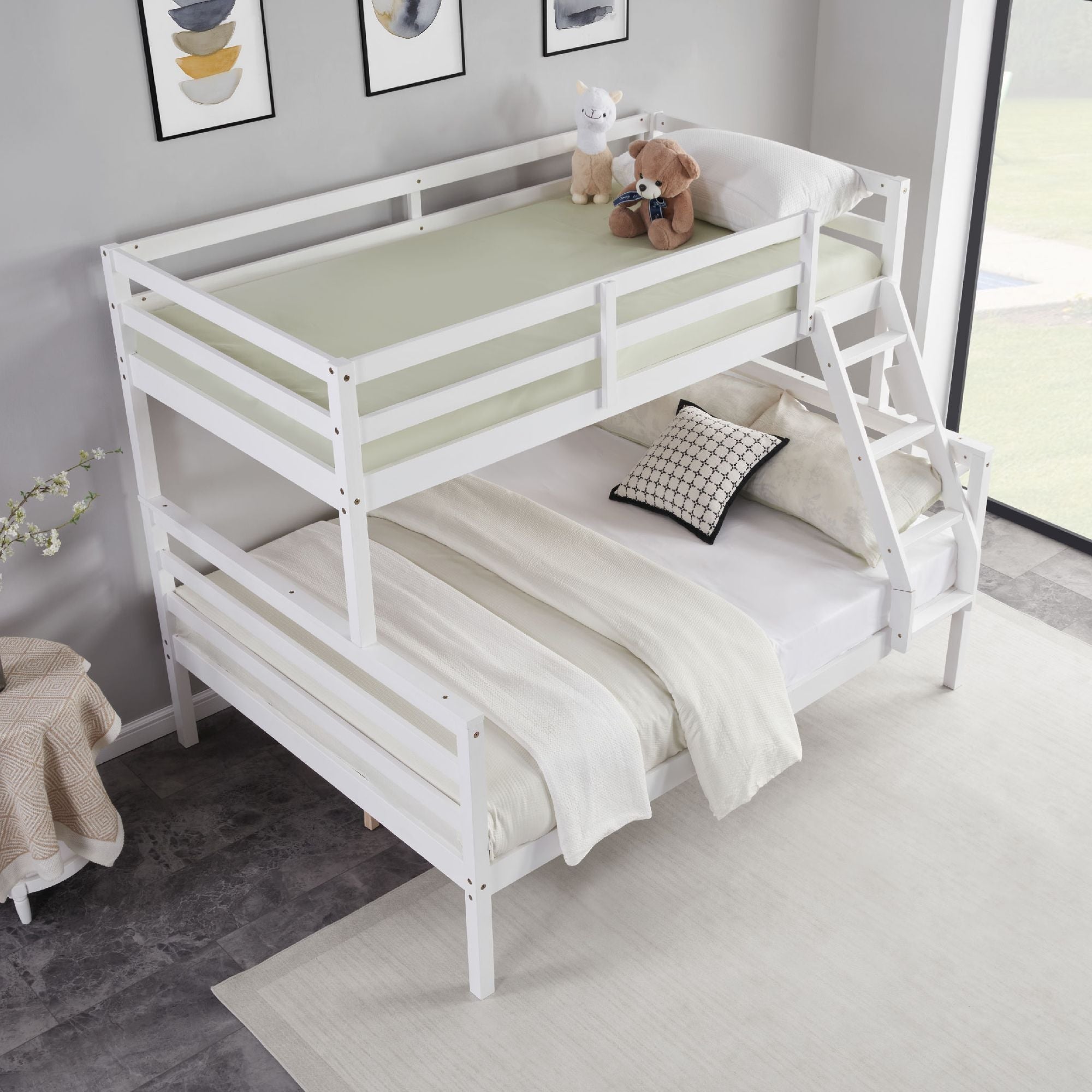 Shared Kids Room Twin Over Full Wood Bunk Bed with High Guardrail and Ladder, White | Just Better Bunk Beds