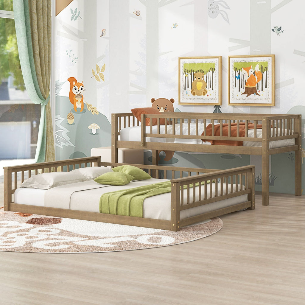 Shared Kids Room Twin XL Over Queen Wood Bunk Bed with Ladder and Guardrails, Walnut | Just Better Bunk Beds