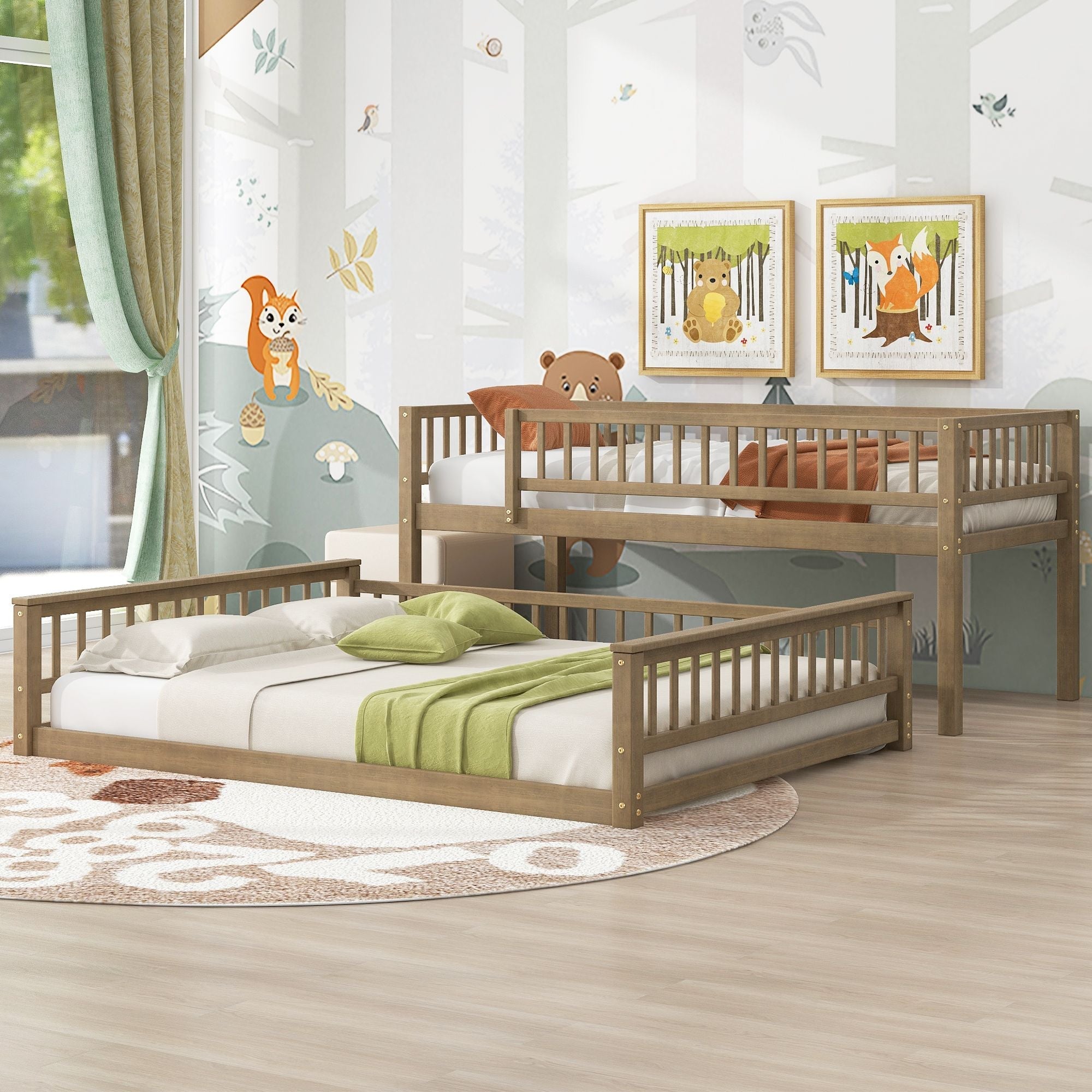Shared Kids Room Twin XL Over Queen Wood Bunk Bed with Ladder and Guardrails, Walnut | Just Better Bunk Beds