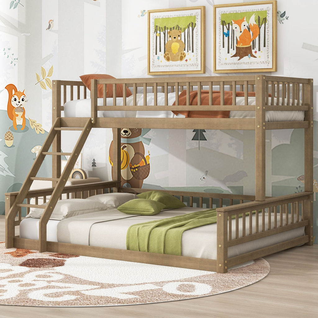 Shared Kids Room Twin XL Over Queen Wood Bunk Bed with Ladder and Guardrails, Walnut | Just Better Bunk Beds