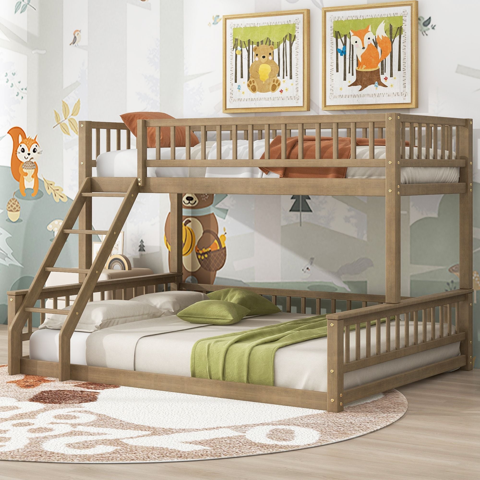 Shared Kids Room Twin XL Over Queen Wood Bunk Bed with Ladder and Guardrails, Walnut | Just Better Bunk Beds