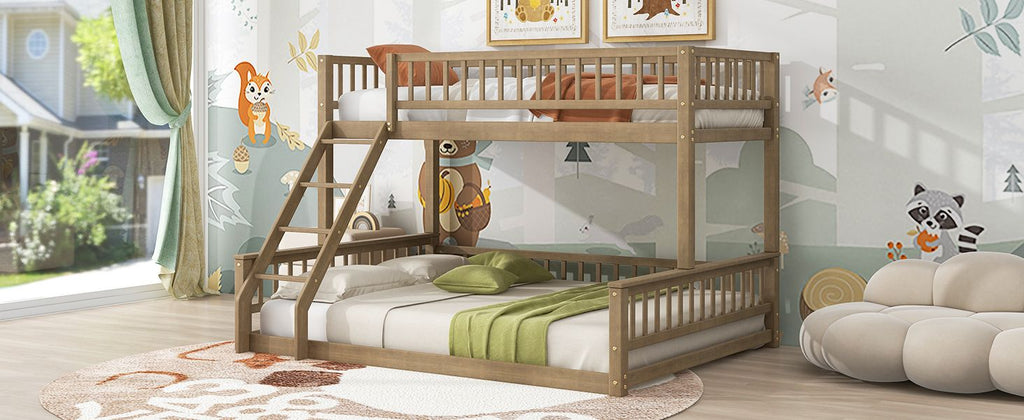 Shared Kids Room Twin XL Over Queen Wood Bunk Bed with Ladder and Guardrails, Walnut | Just Better Bunk Beds