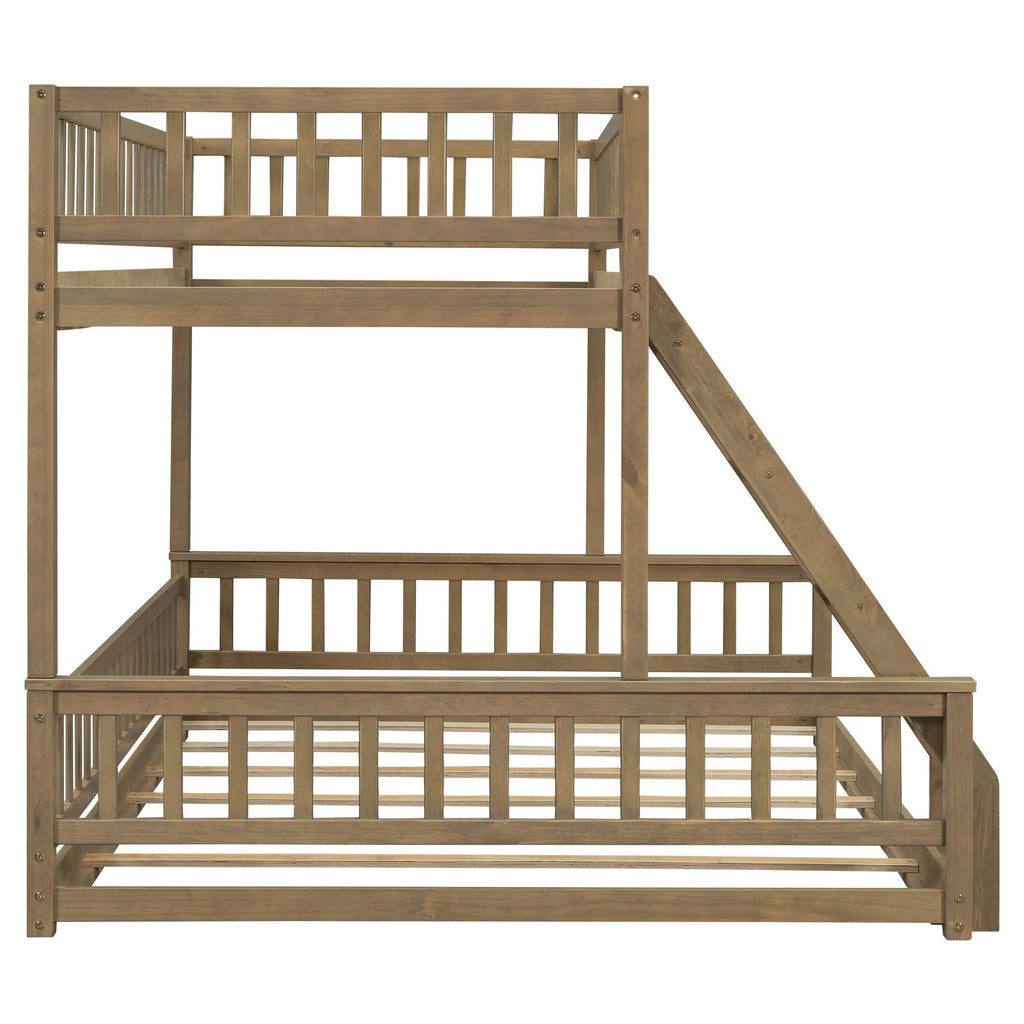 Shared Kids Room Twin XL Over Queen Wood Bunk Bed with Ladder and Guardrails, Walnut | Just Better Bunk Beds