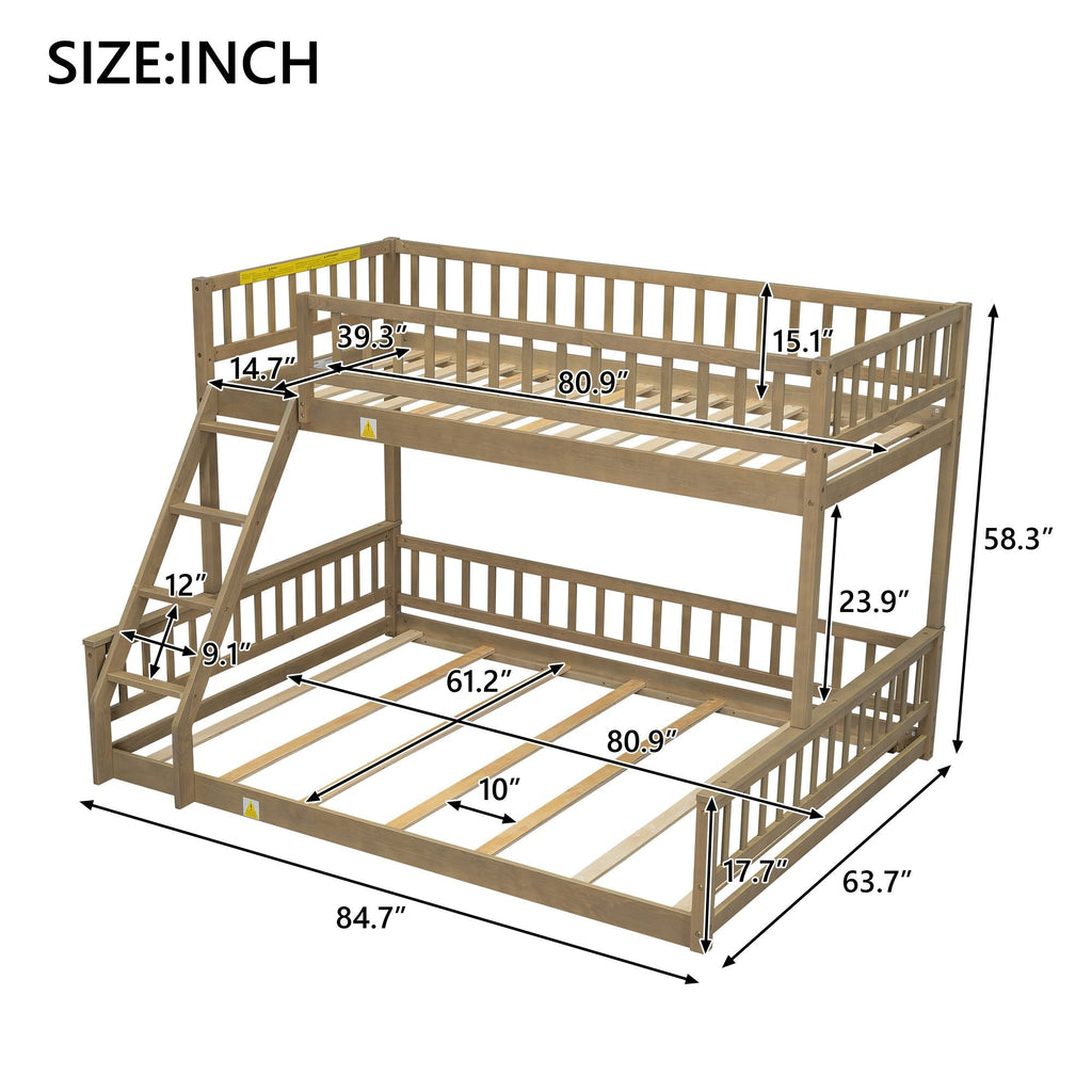 Shared Kids Room Twin XL Over Queen Wood Bunk Bed with Ladder and Guardrails, Walnut | Just Better Bunk Beds