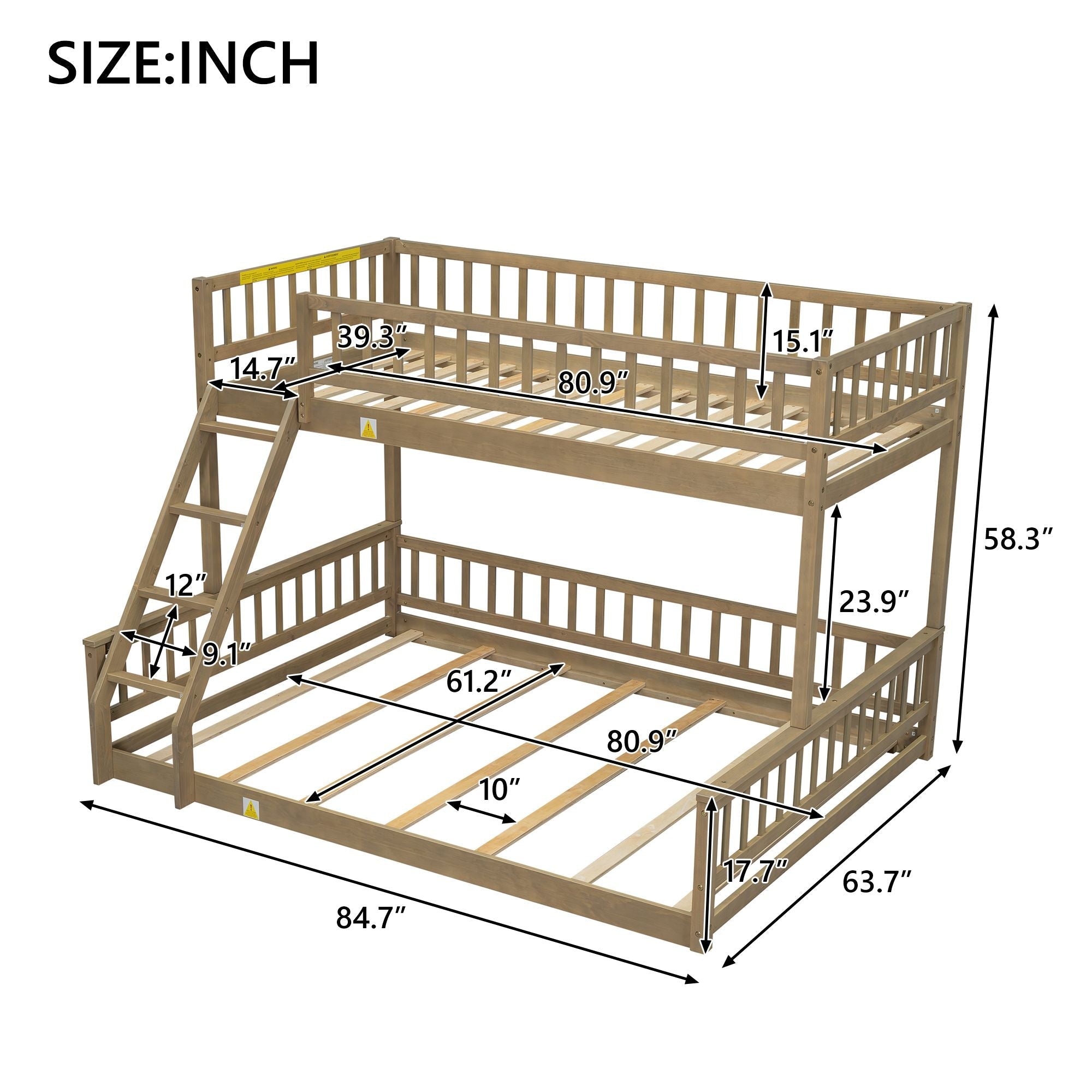 Shared Kids Room Twin XL Over Queen Wood Bunk Bed with Ladder and Guardrails, Walnut | Just Better Bunk Beds