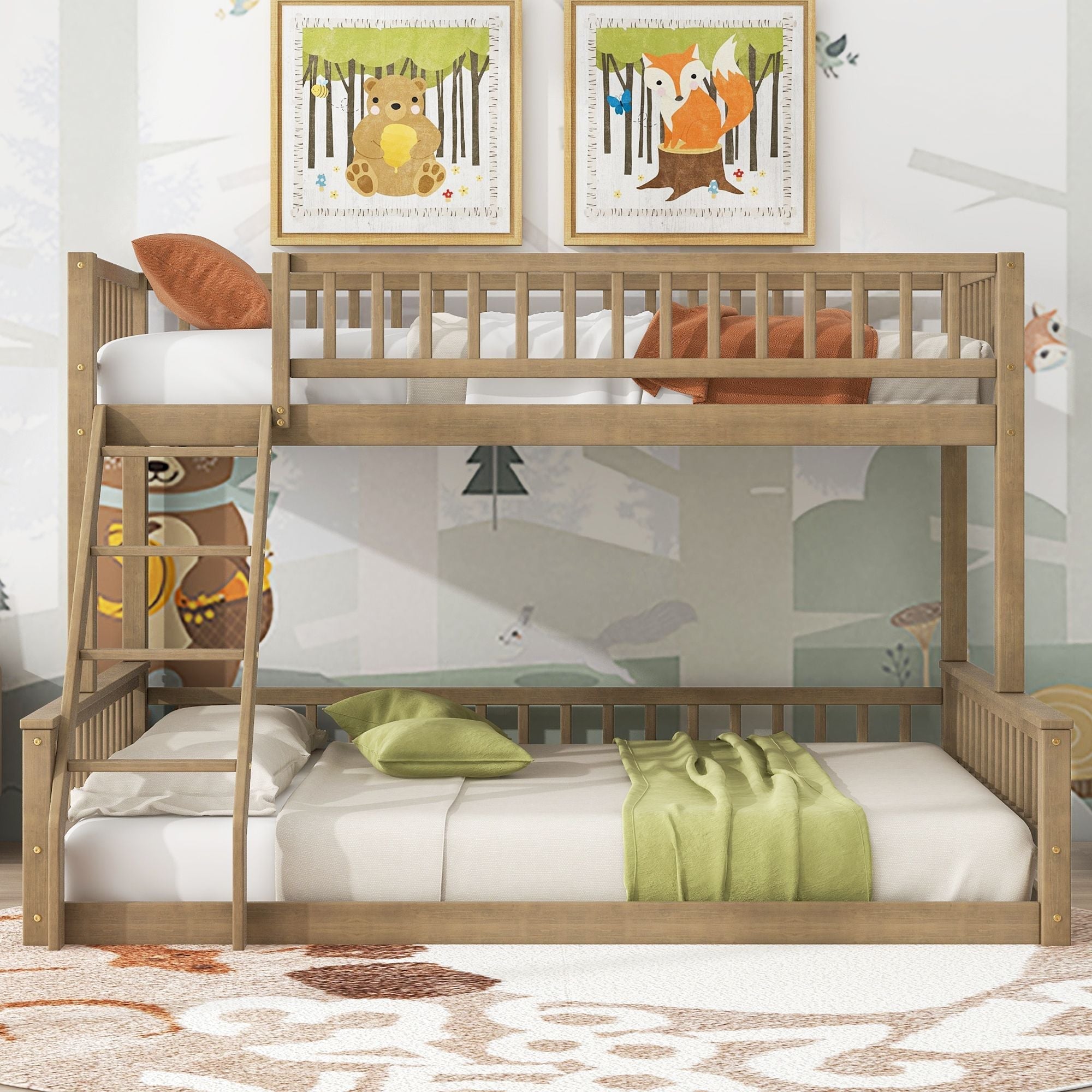 Shared Kids Room Twin XL Over Queen Wood Bunk Bed with Ladder and Guardrails, Walnut | Just Better Bunk Beds