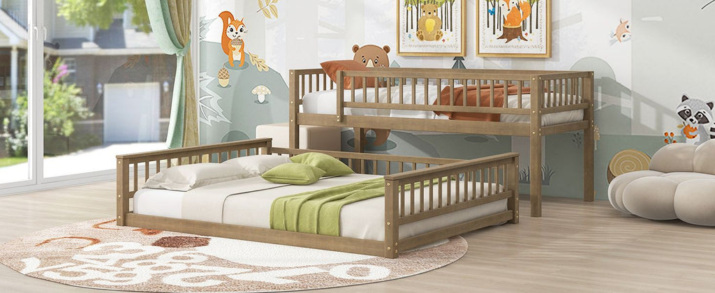 Shared Kids Room Twin XL Over Queen Wood Bunk Bed with Ladder and Guardrails, Walnut | Just Better Bunk Beds
