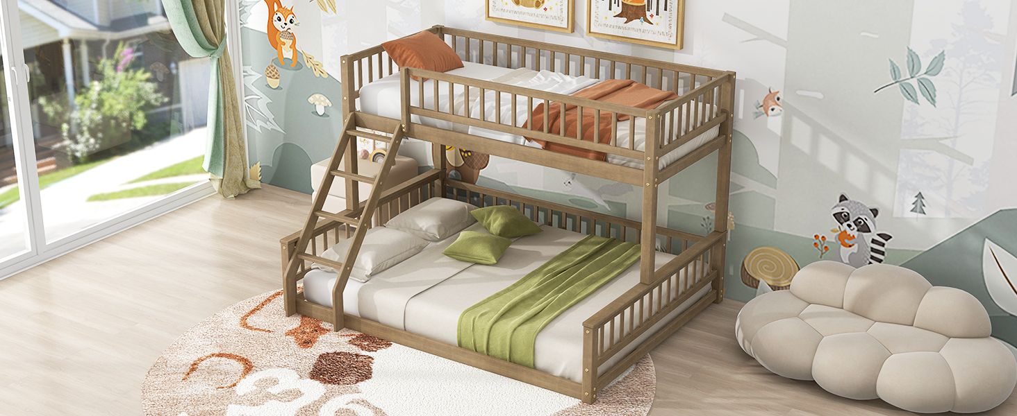 Shared Kids Room Twin XL Over Queen Wood Bunk Bed with Ladder and Guardrails, Walnut | Just Better Bunk Beds