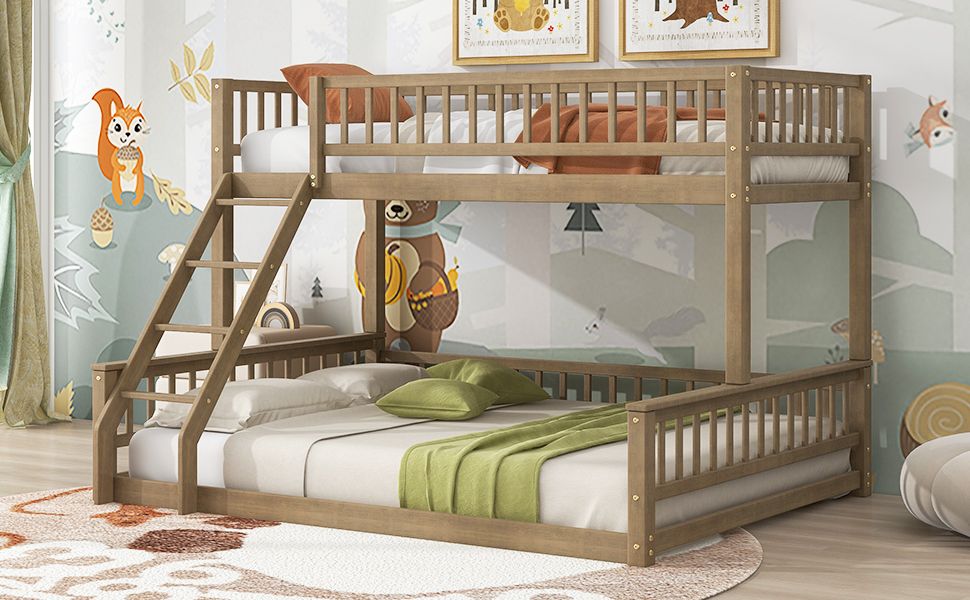 Shared Kids Room Twin XL Over Queen Wood Bunk Bed with Ladder and Guardrails, Walnut | Just Better Bunk Beds
