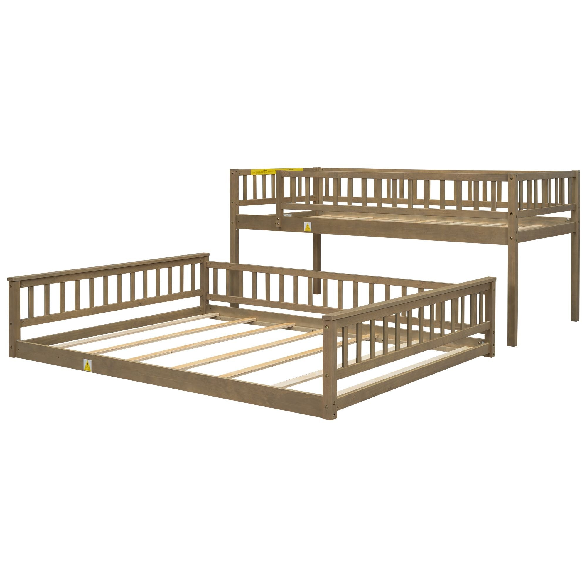 Shared Kids Room Twin XL Over Queen Wood Bunk Bed with Ladder and Guardrails, Walnut | Just Better Bunk Beds