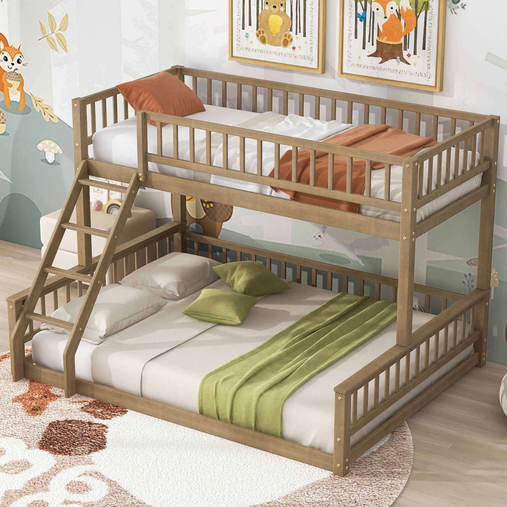 Shared Kids Room Twin XL Over Queen Wood Bunk Bed with Ladder and Guardrails, Walnut | Just Better Bunk Beds