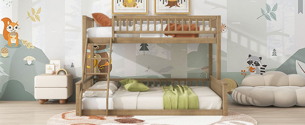 Shared Kids Room Twin XL Over Queen Wood Bunk Bed with Ladder and Guardrails, Walnut | Just Better Bunk Beds