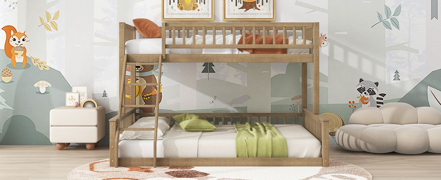Shared Kids Room Twin XL Over Queen Wood Bunk Bed with Ladder and Guardrails, Walnut | Just Better Bunk Beds