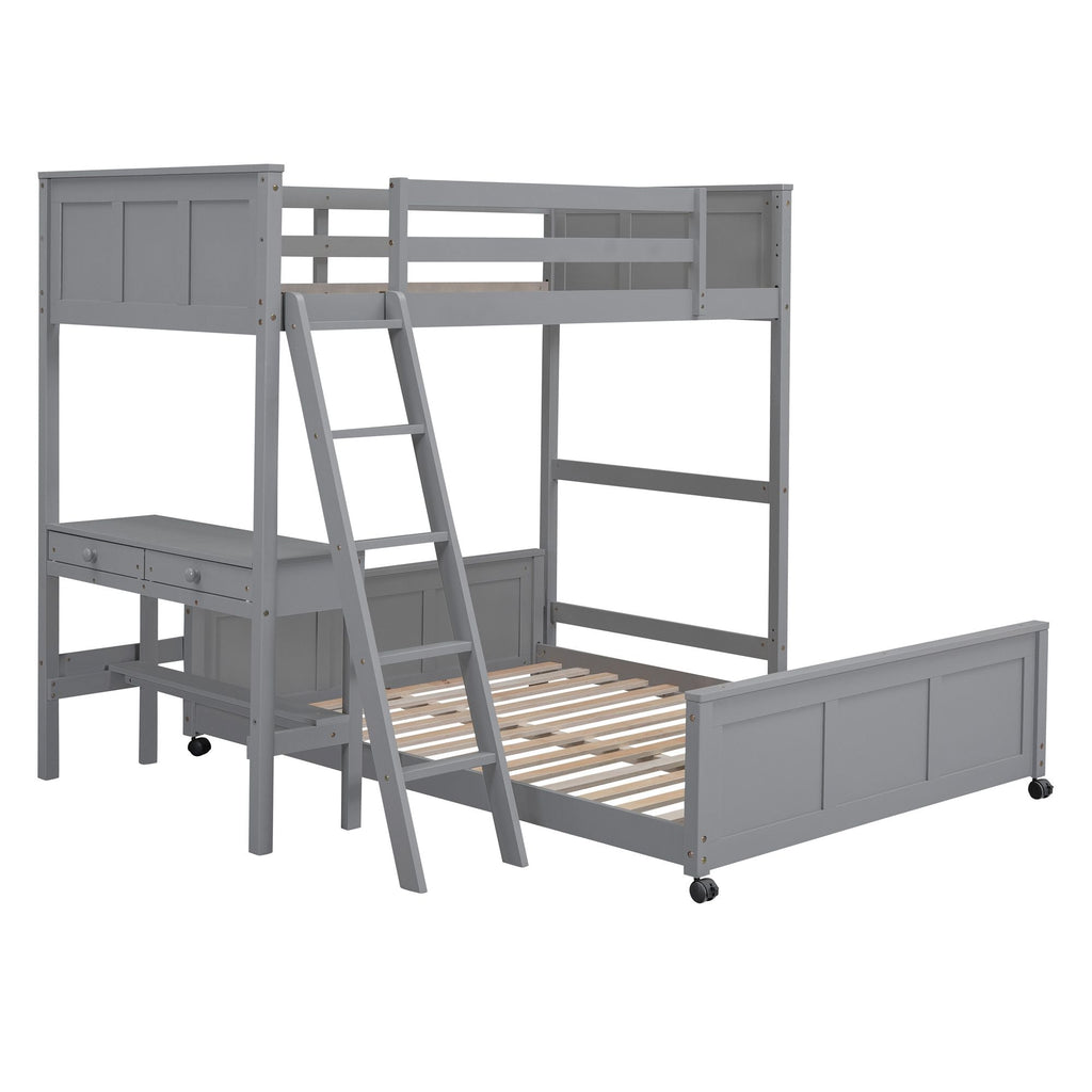 Space-Saving Twin Over Full Wood Bunk Bed with Desk in Gray | Just Better Bunk Beds