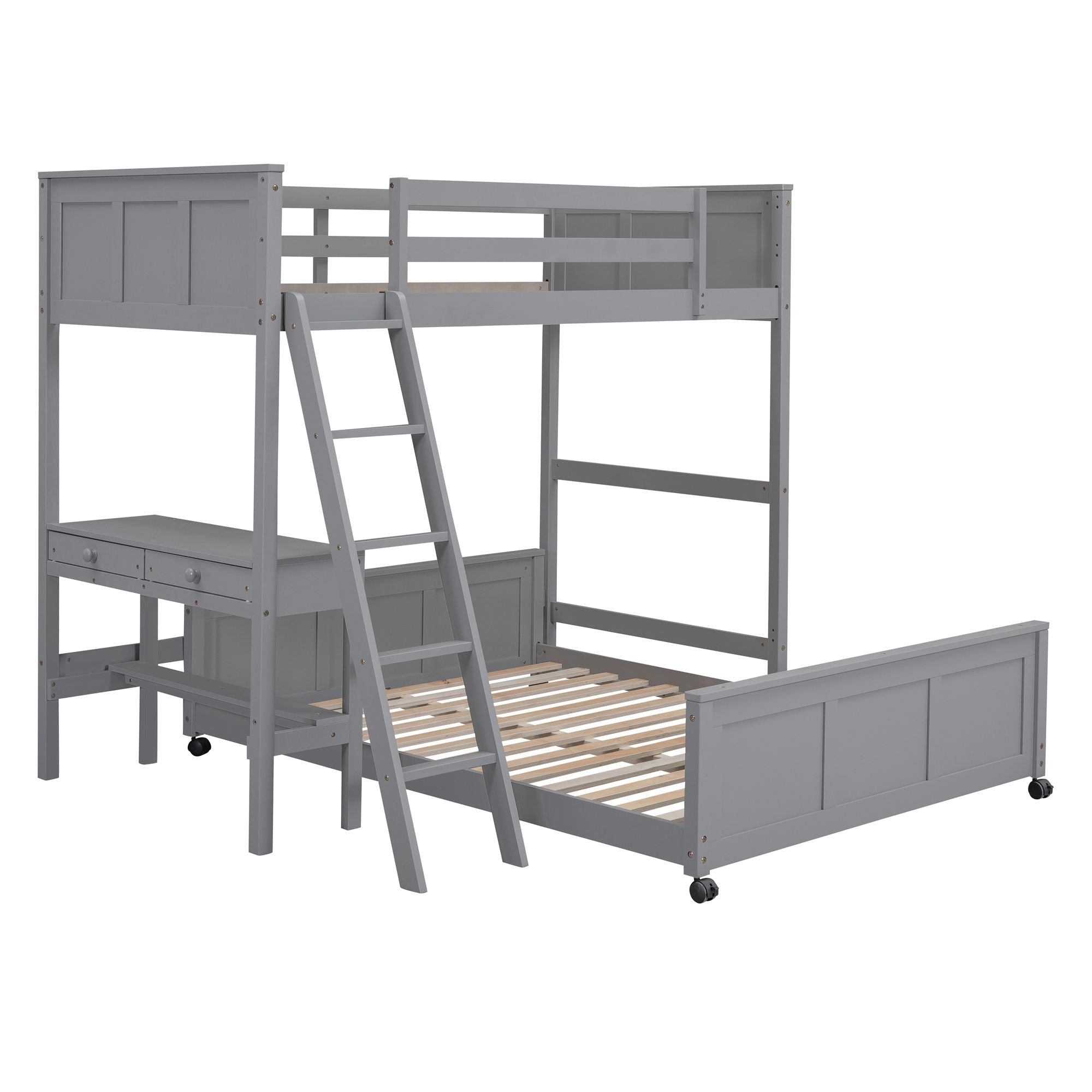 Space-Saving Twin Over Full Wood Bunk Bed with Desk in Gray | Just Better Bunk Beds