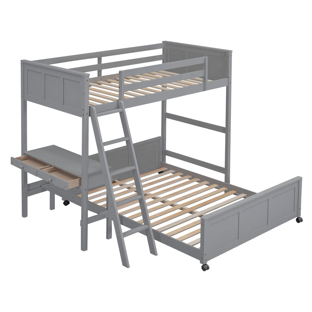 Space-Saving Twin Over Full Wood Bunk Bed with Desk in Gray | Just Better Bunk Beds